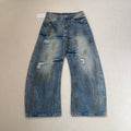 Earth-toned distressed straight-leg jeans, detail flat-lay