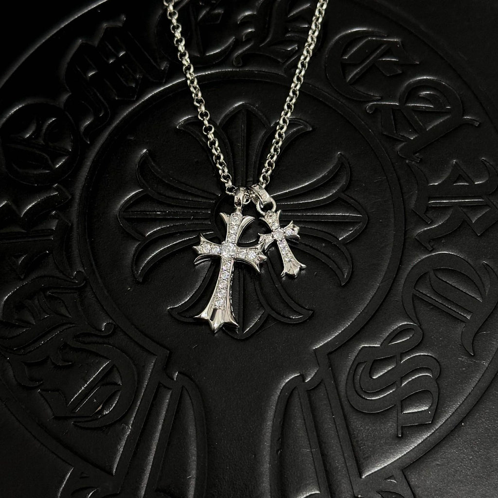 Sableau Double Cross Necklace — Pearl Chain / Silver White Diamond