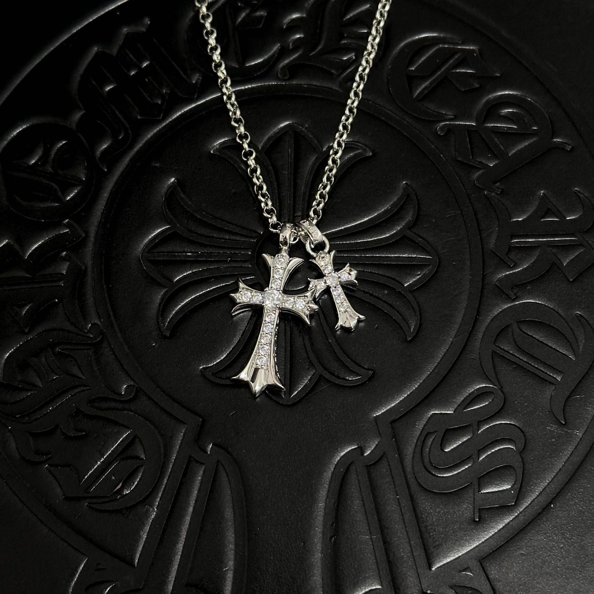 Sableau Double Cross Necklace — Pearl Chain / Silver White Diamond