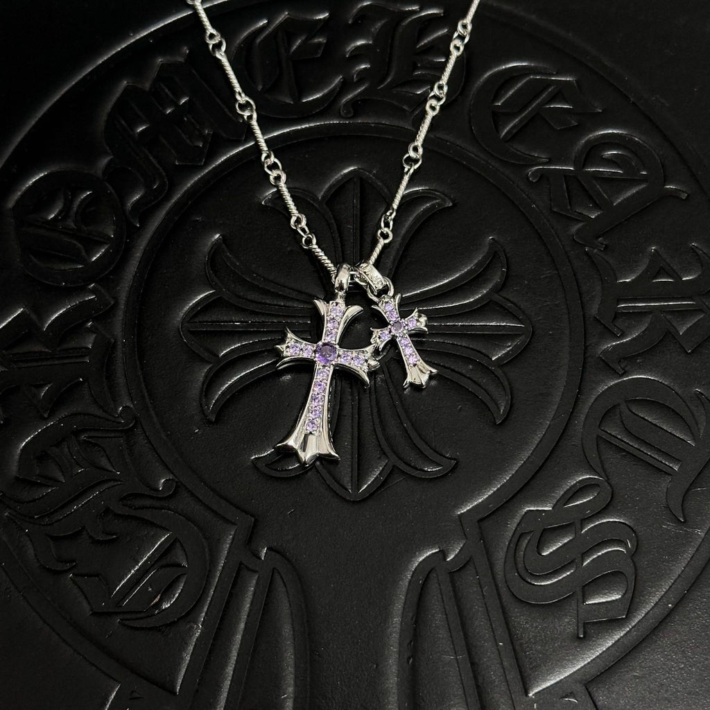 Sableau Double Cross Necklace — Bamboo Chain / Silver Purple Diamond