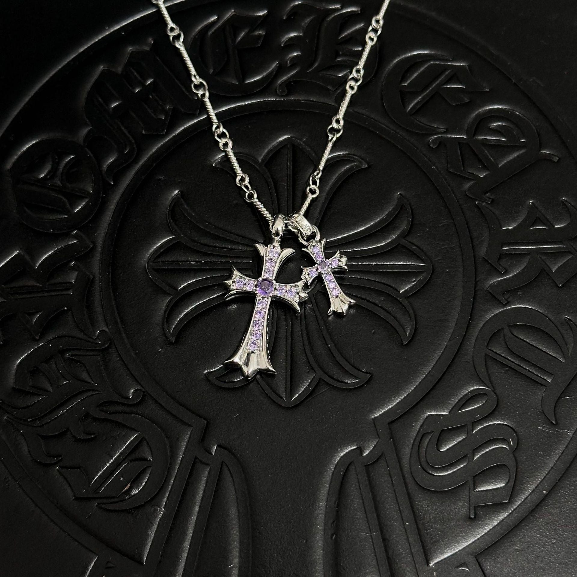 Sableau Double Cross Necklace — Bamboo Chain / Silver Purple Diamond