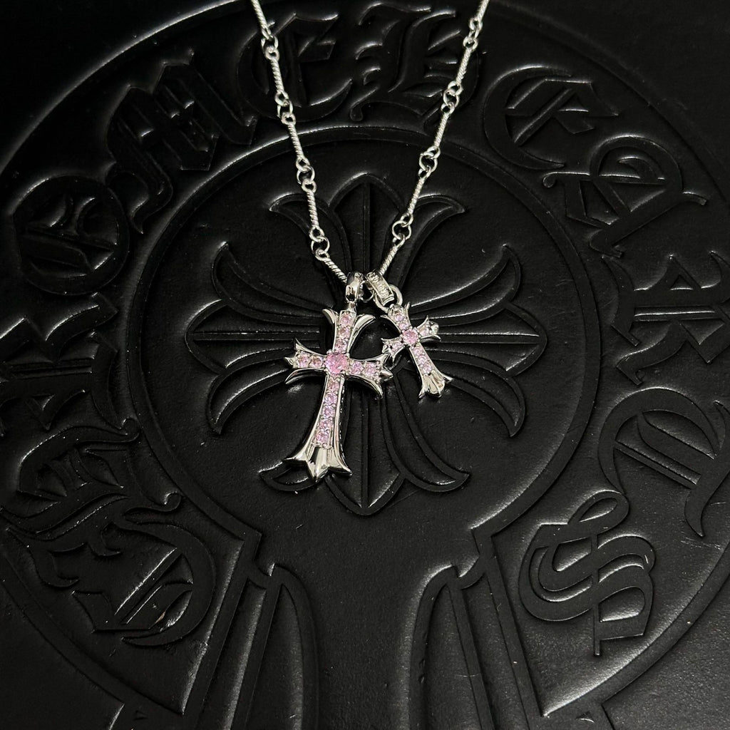 Sableau Double Cross Necklace — Bamboo Chain / Silver Light Pink Diamond