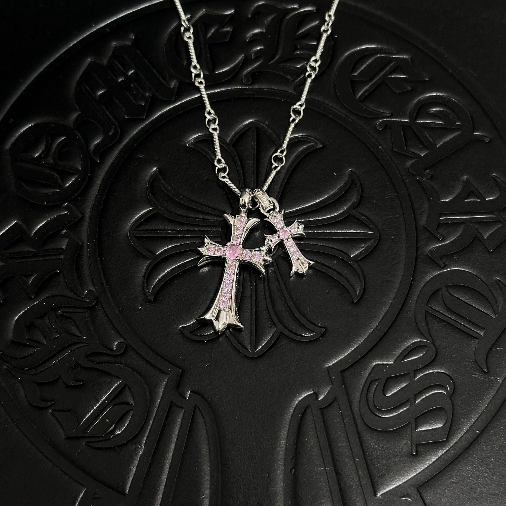 Sableau Double Cross Necklace — Bamboo Chain / Silver Light Pink Diamond