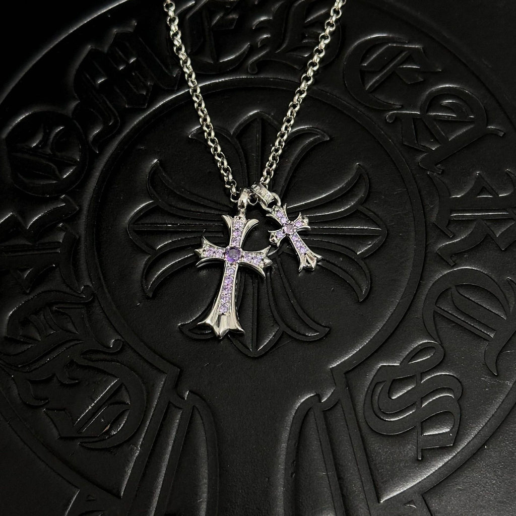 Sableau Double Cross Necklace — Pearl Chain / Silver Light Purple Diamond