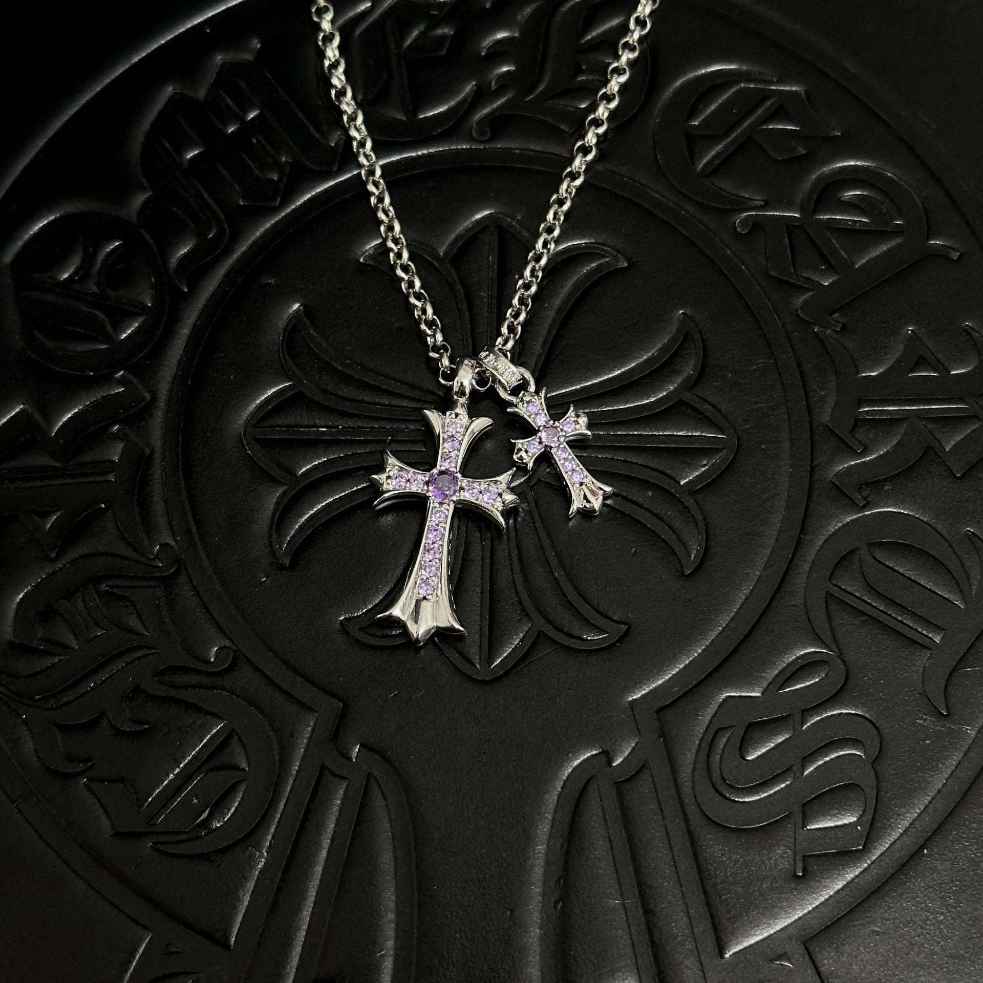 Sableau Double Cross Necklace — Pearl Chain / Silver Light Purple Diamond