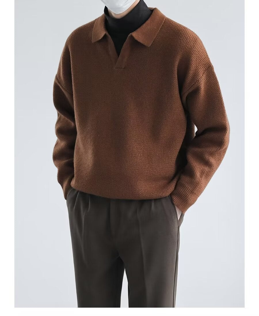 Sableau Open-Collar Knit Polo in Brown
