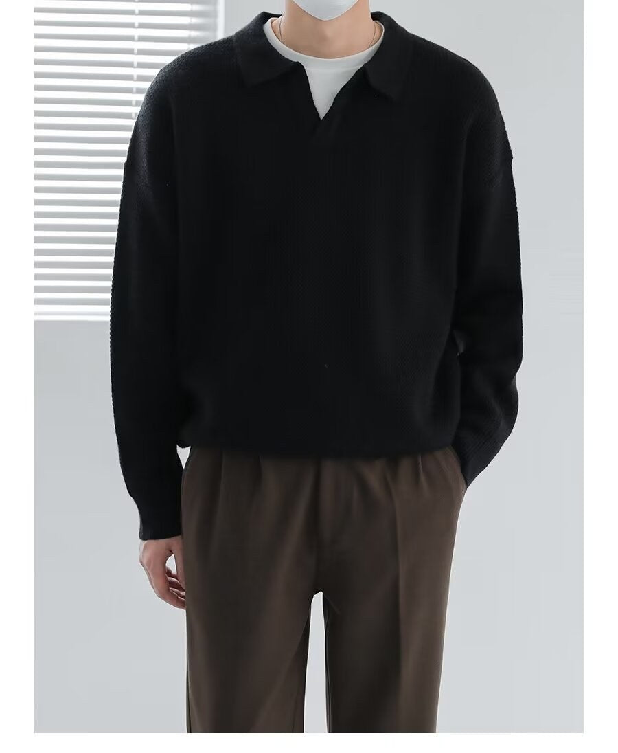 Sableau Open-Collar Knit Polo in Black
