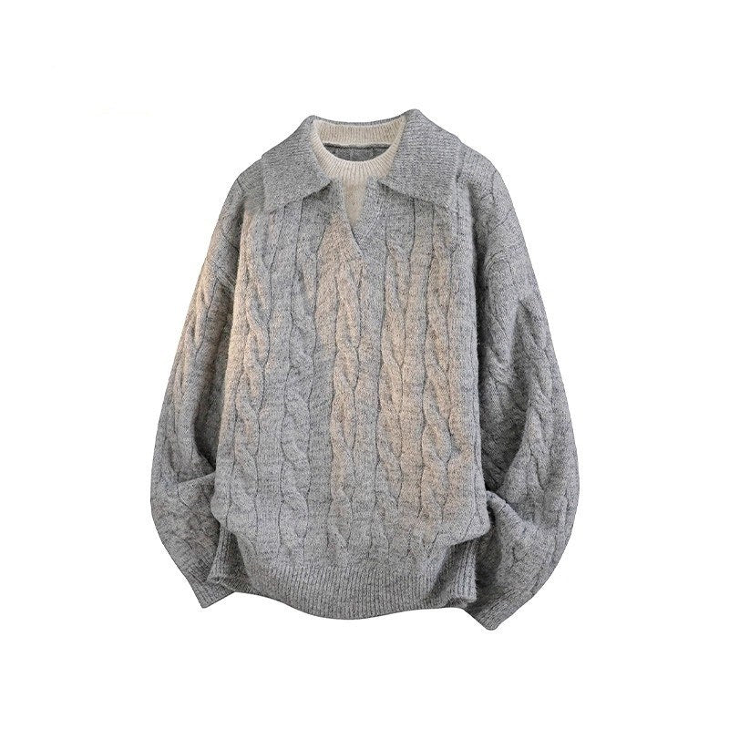 Sableau Washed Cable Knit Polo in Grey
