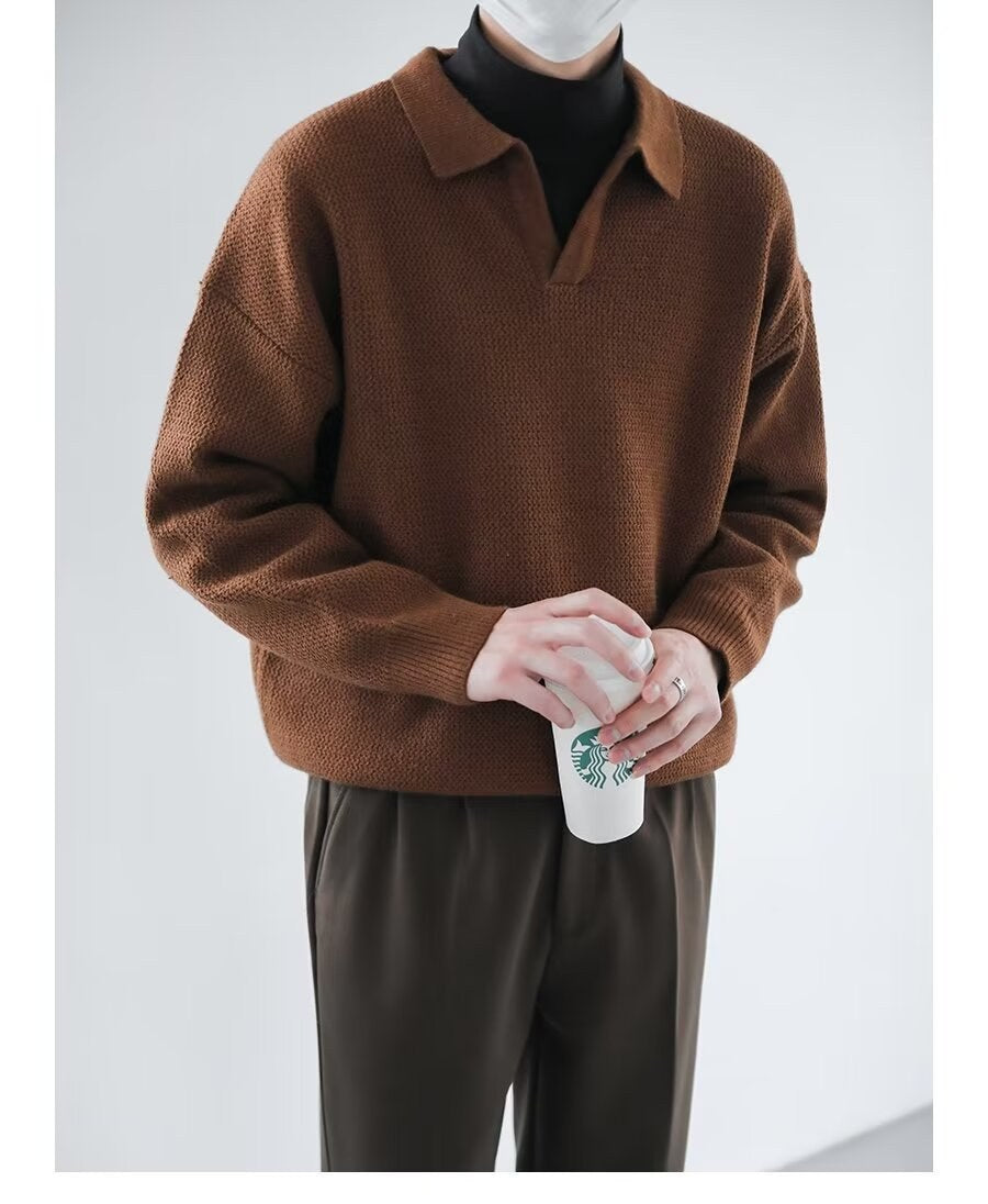 Sableau Open-Collar Knit Polo in Brown
