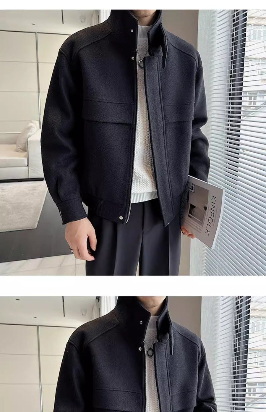 Sableau Wool-Blend Zip Jacket in Black