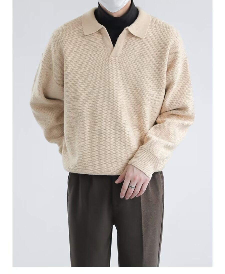 Sableau Open-Collar Knit Polo in Cream