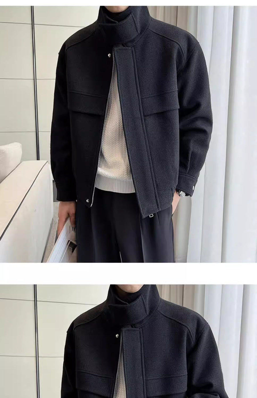 Sableau Wool-Blend Zip Jacket in Black
