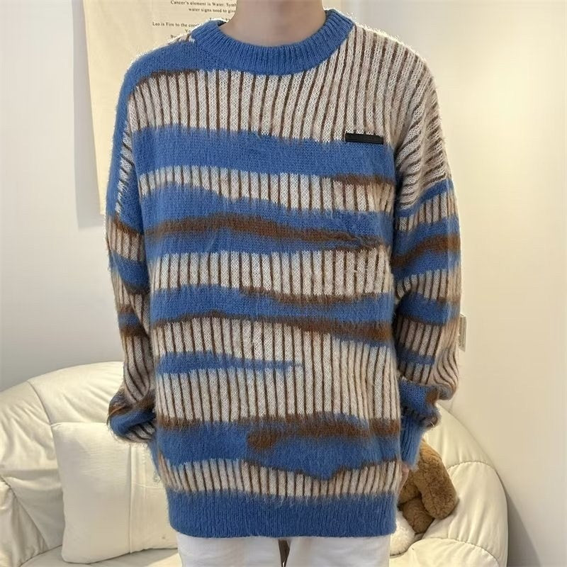 Sableau Zebra-Stripe Mohair-Look Crew in Blue Stripe