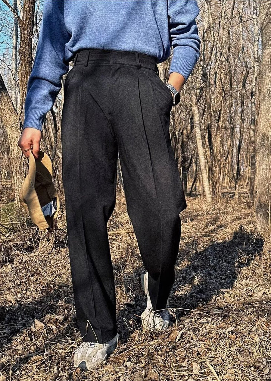 Sableau Buckle-Tab Pleated Trousers in Black