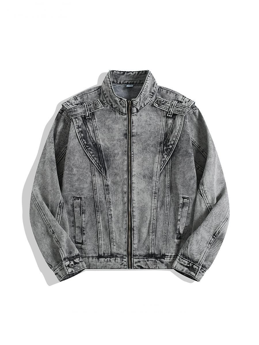 Sableau Acid-Wash Denim Zip Jacket in Grey