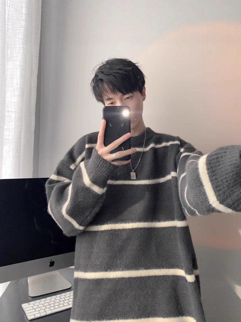 Sableau Striped Mohair-Look Crew in Grey
