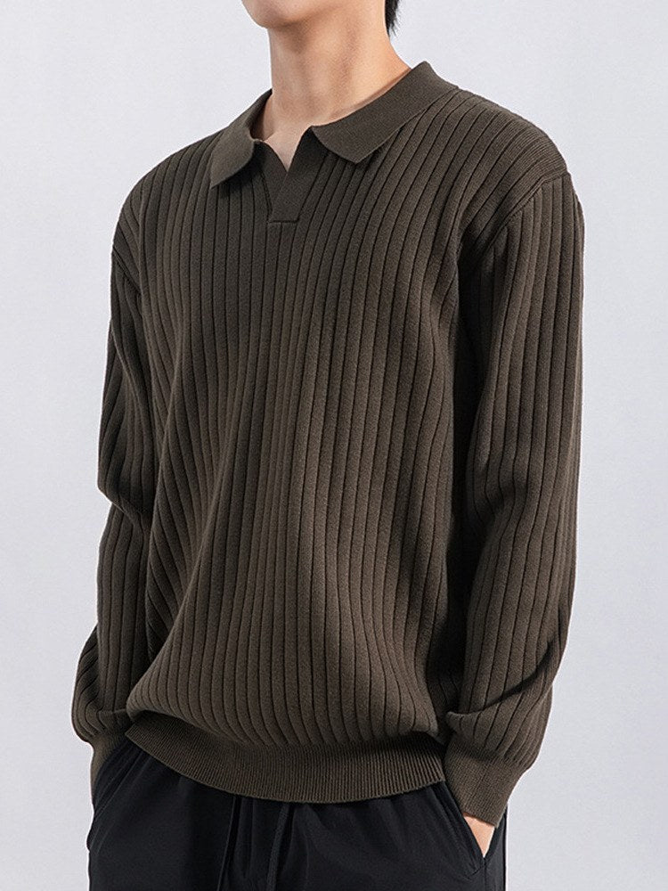 Sableau Ribbed Long-Sleeve Knit Polo in Army Green