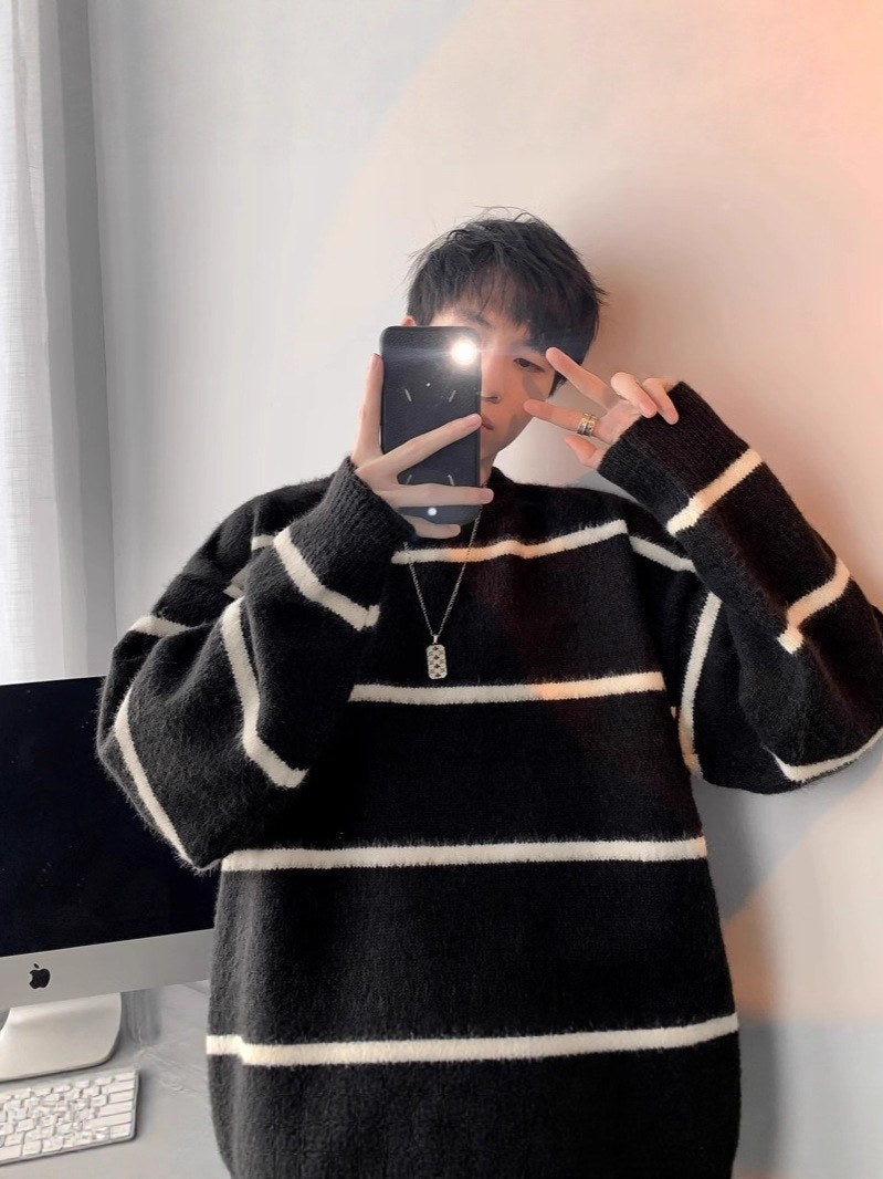 Sableau Striped Mohair-Look Crew in Black