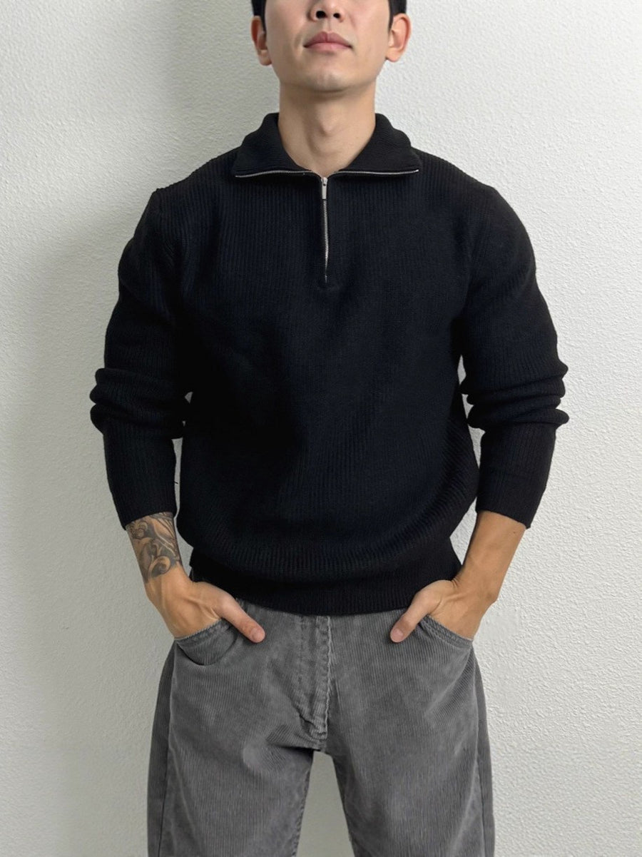 Sableau Ribbed Quarter-Zip Knit in Black