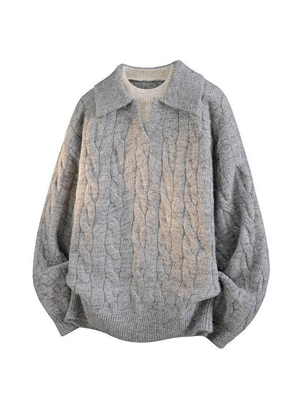 Sableau Washed Cable Knit Polo in Grey