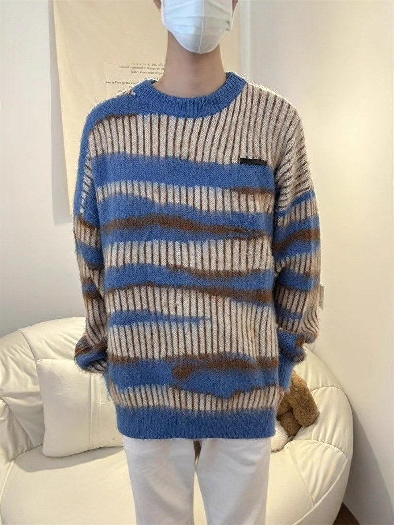 Sableau Zebra-Stripe Mohair-Look Crew in Blue Stripe