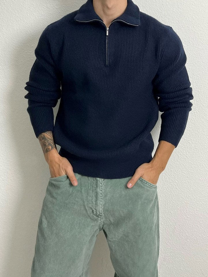 Sableau Ribbed Quarter-Zip Knit in Navy