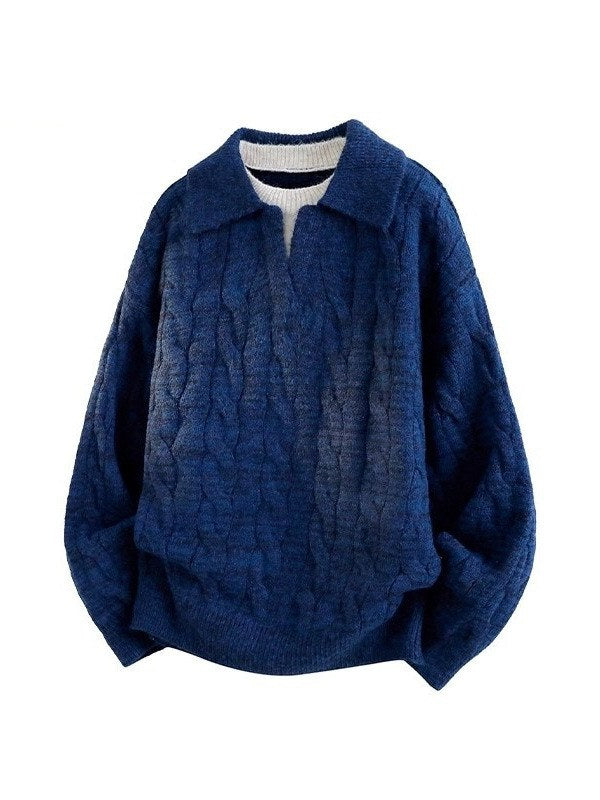 Sableau Washed Cable Knit Polo in Navy