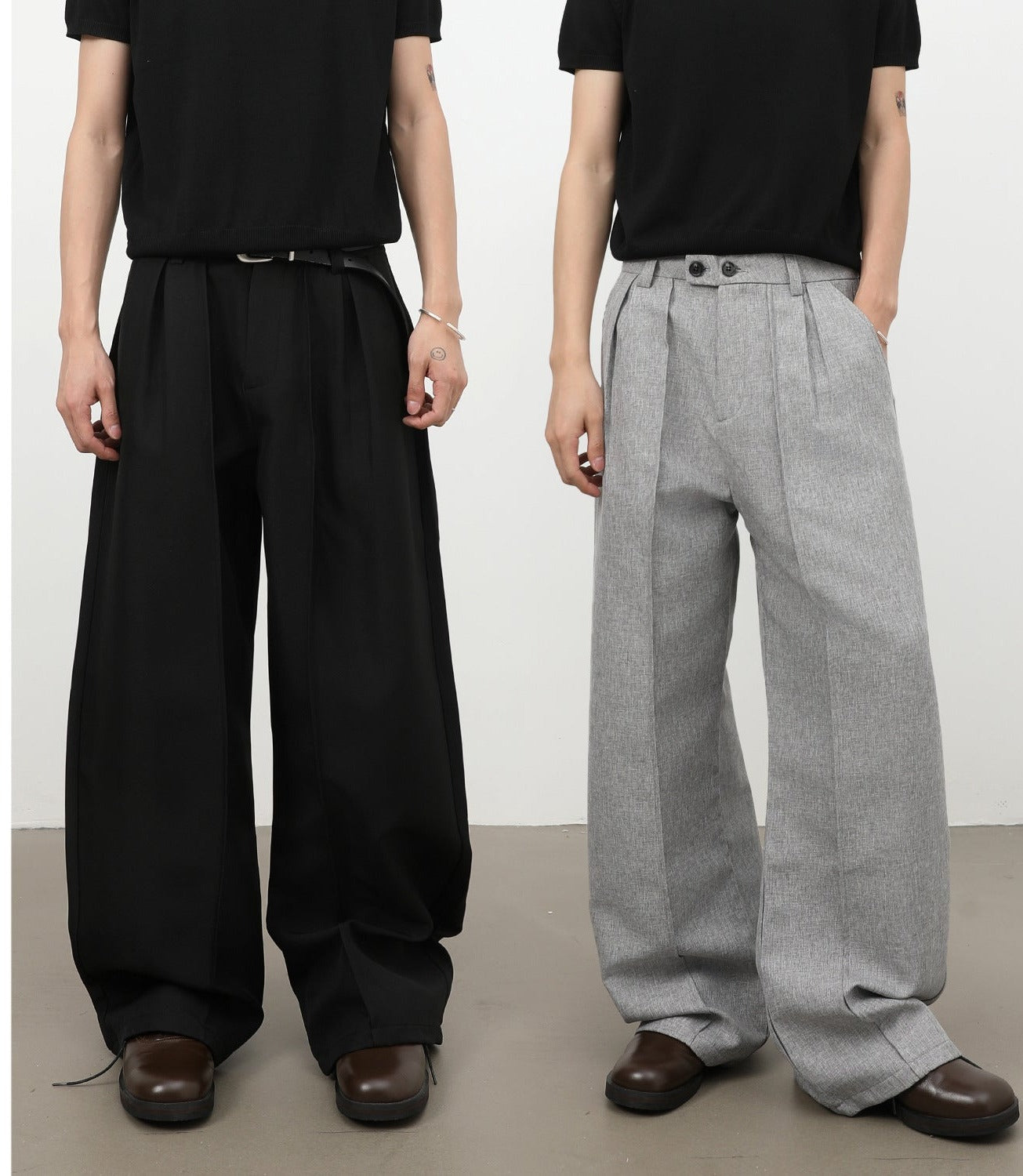 Sableau Norrmalm Pleated Trousers - Black and Grey Melange, both washes
