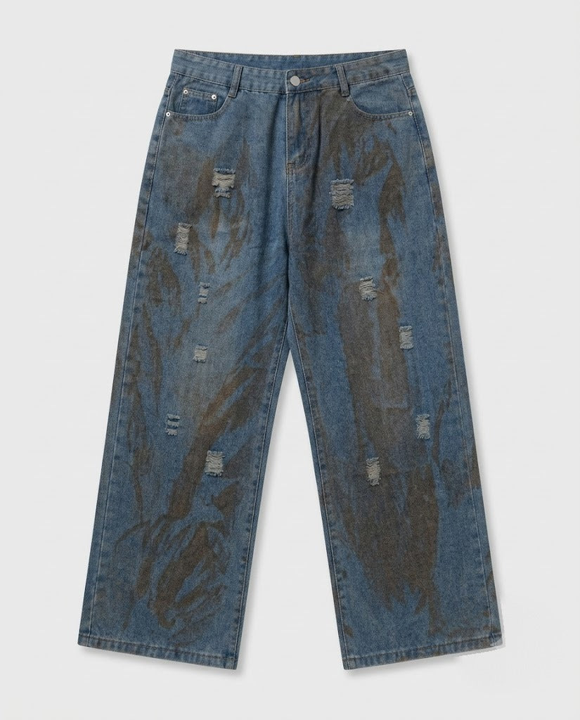 Blue ink-spray distressed straight-leg jeans — flat lay