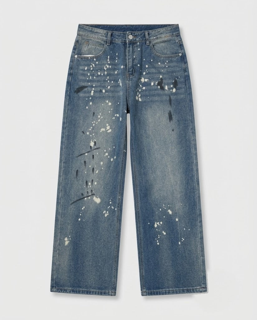 Light-wash paint-splatter straight-leg jeans — flat lay