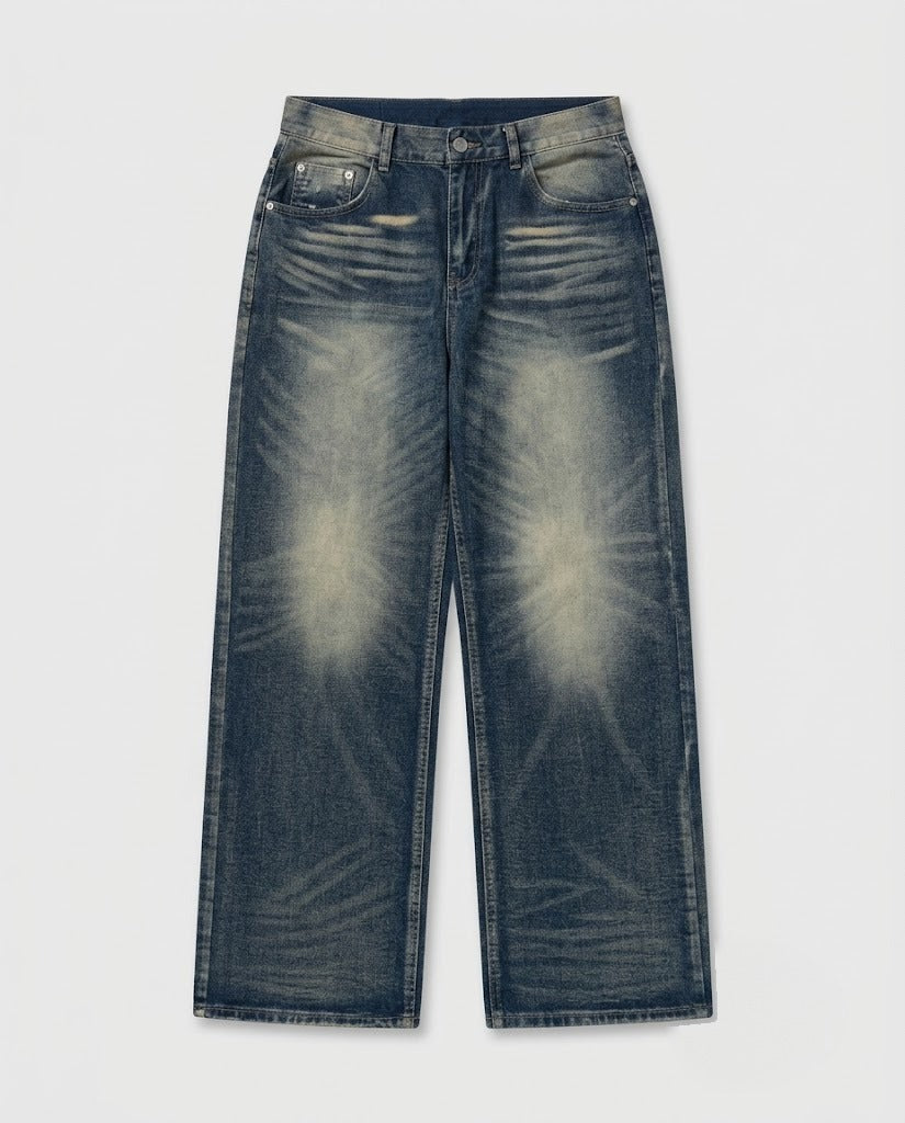 Washed mid-blue straight-leg jeans — flat lay