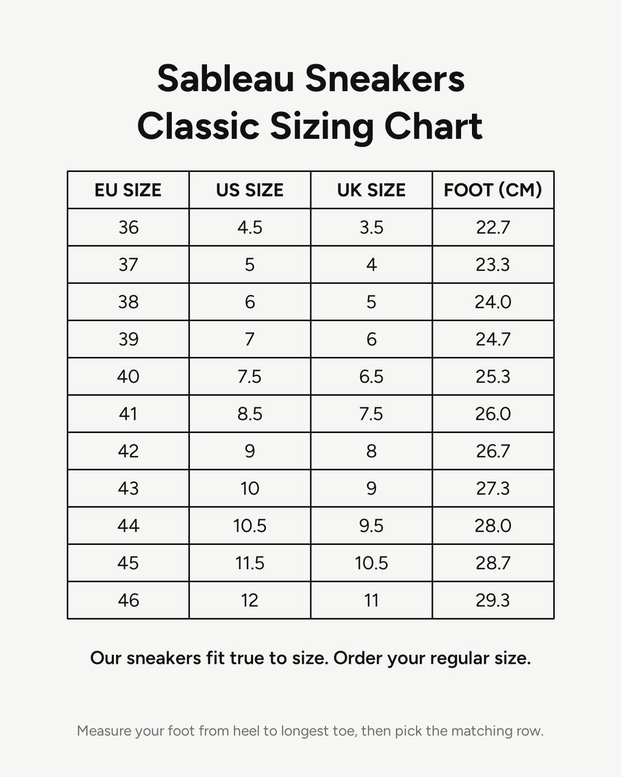 Sableau Sneakers Classic Sizing Chart