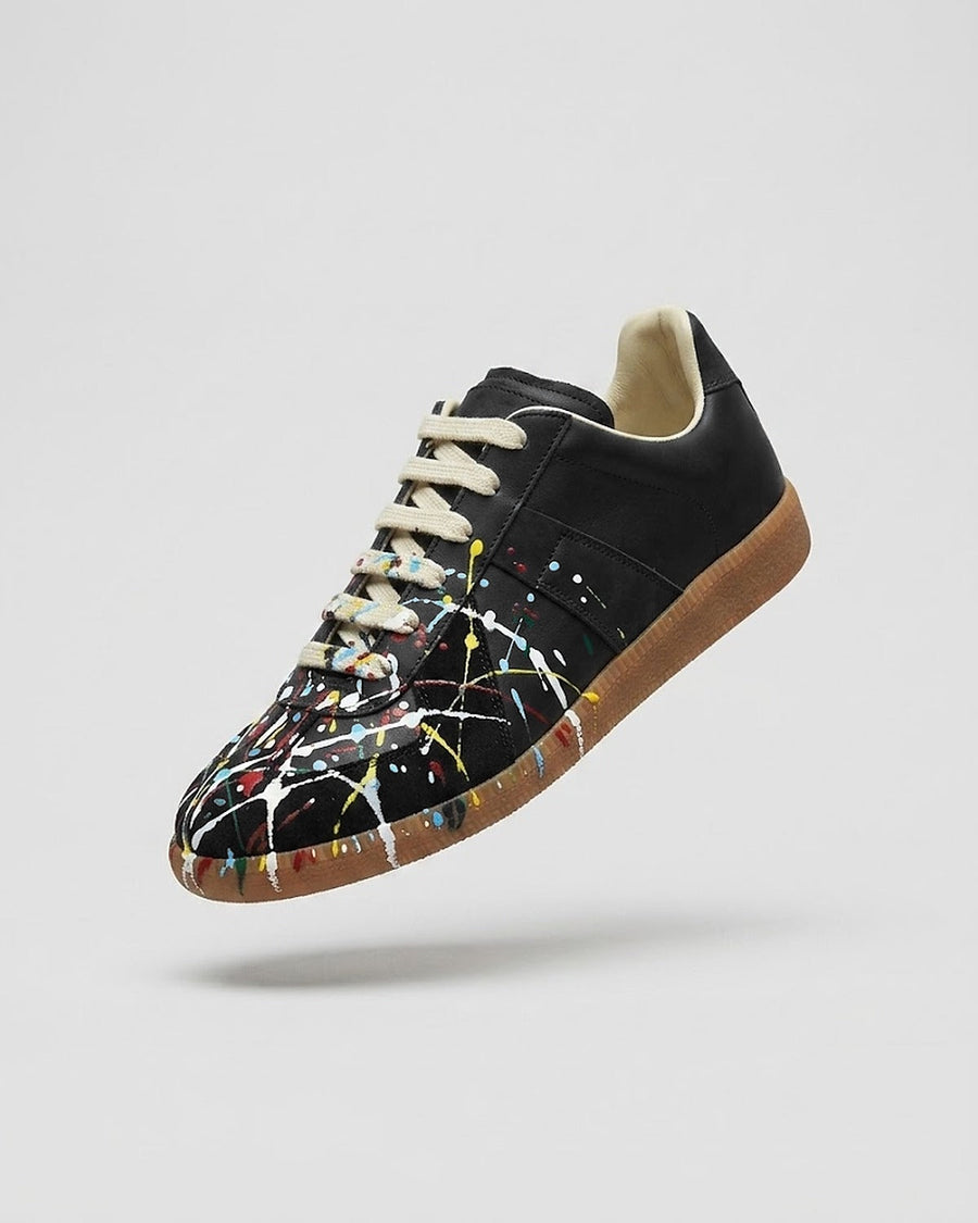 Sableau Gats Sneakers Paint Splatter in Paint Drop Black — hand-splattered leather low-top