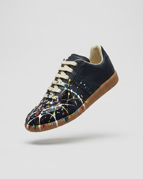 Sableau Gats Sneakers Paint Splatter in Paint Drop Navy — hand-splattered leather low-top