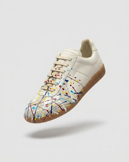 Sableau Gats Sneakers Paint Splatter in Paint Drop White — hand-splattered leather low-top