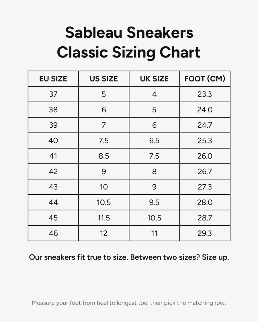 Sableau Sneakers Classic Sizing Chart