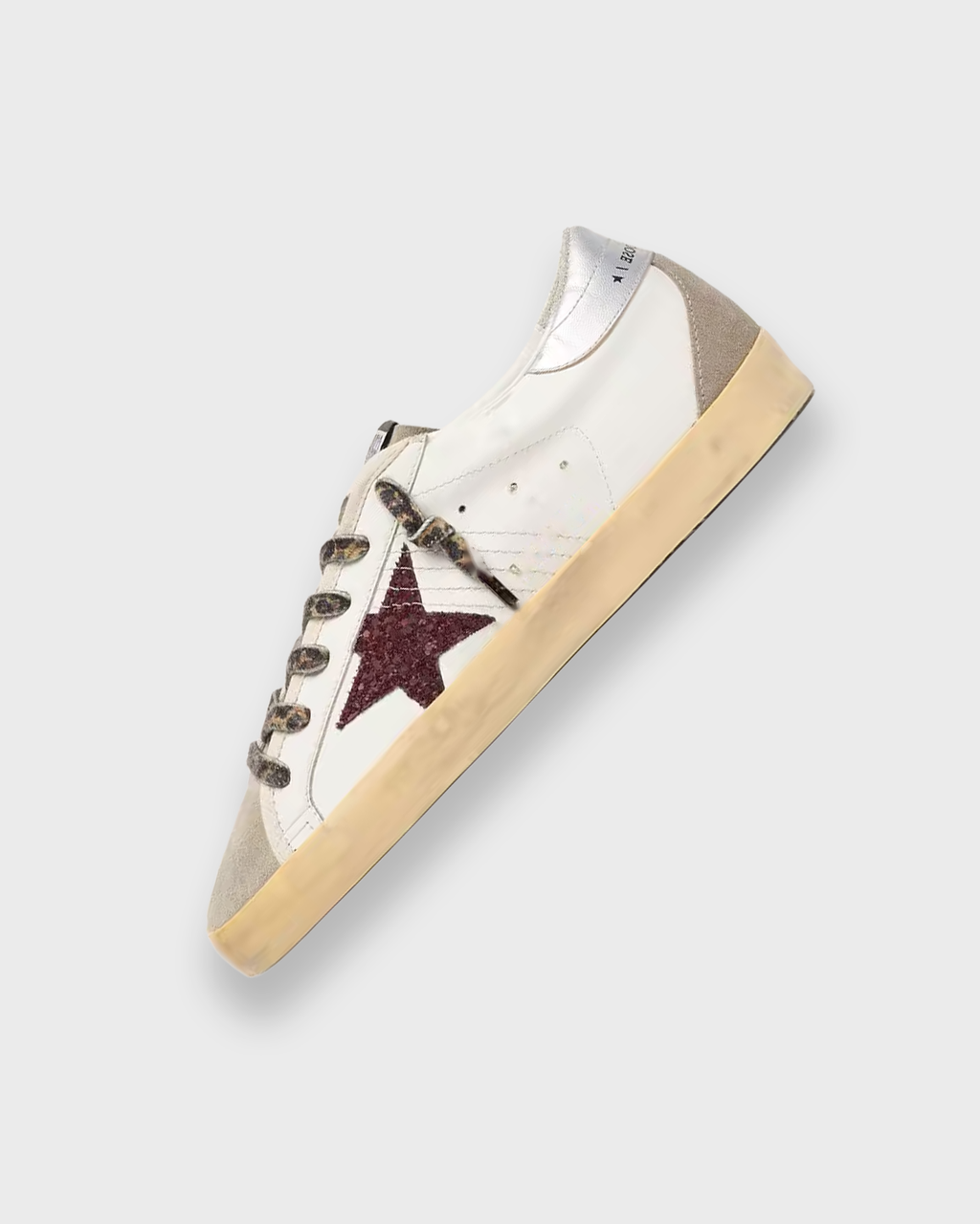 Sableau Glitter Star Sneakers in Burgundy — white leather, silver heel tab, burgundy glitter star