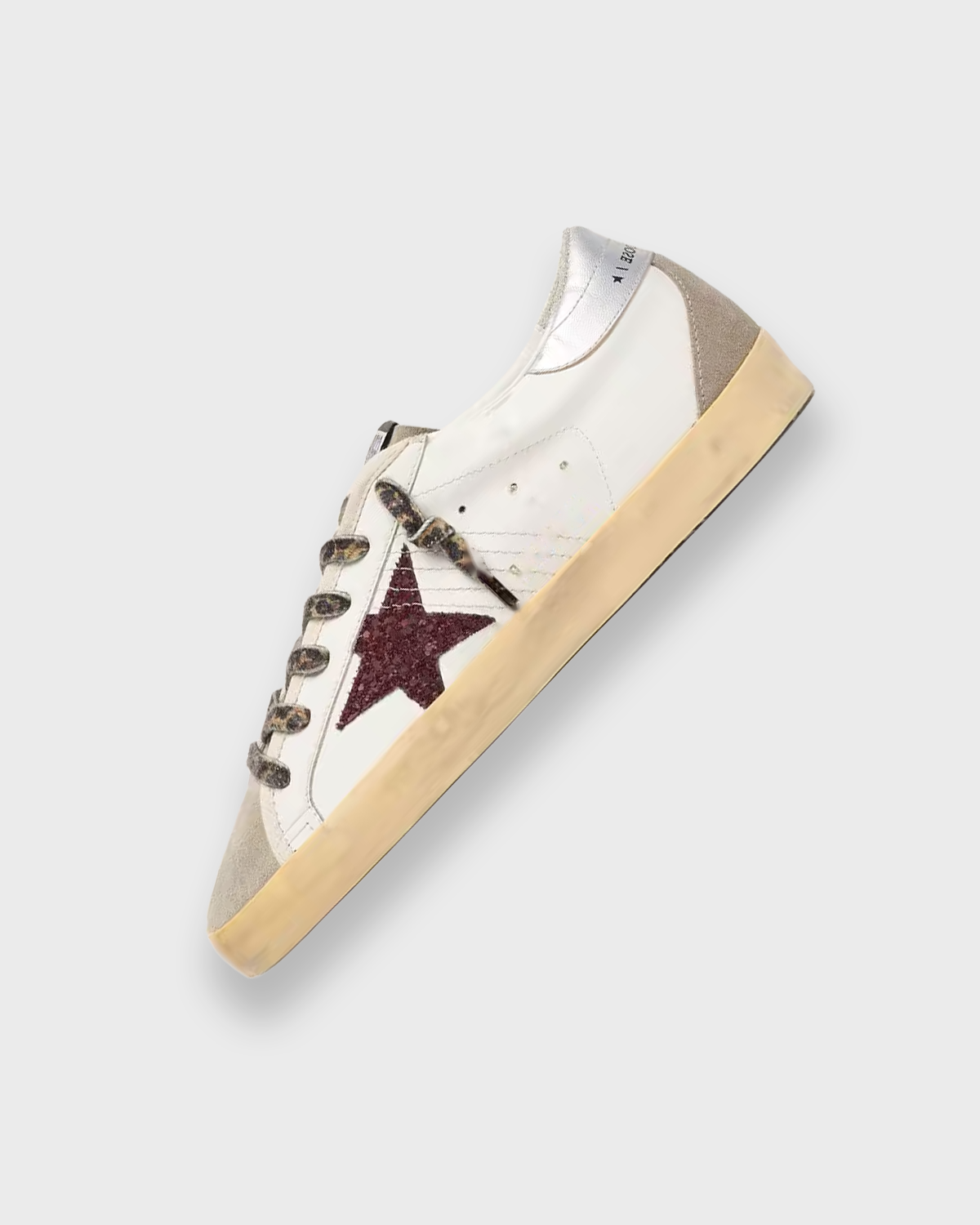Sableau Glitter Star Sneakers in Burgundy — white leather, silver heel tab, burgundy glitter star