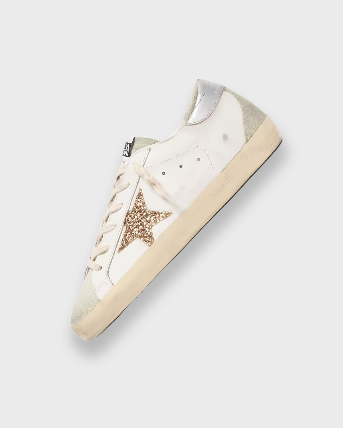 Sableau Glitter Star Sneakers in Gold — white leather, silver heel tab, gold glitter star