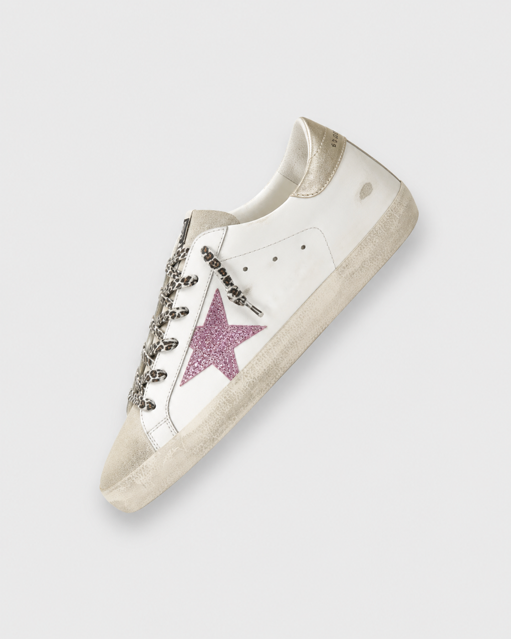 Sableau Glitter Star Sneakers in Pink — white leather, champagne heel tab, pink glitter star