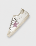Sableau Glitter Star Sneakers in Pink — white leather, champagne heel tab, pink glitter star