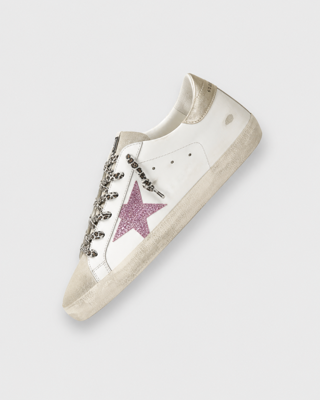 Sableau Glitter Star Sneakers in Pink — white leather, champagne heel tab, pink glitter star