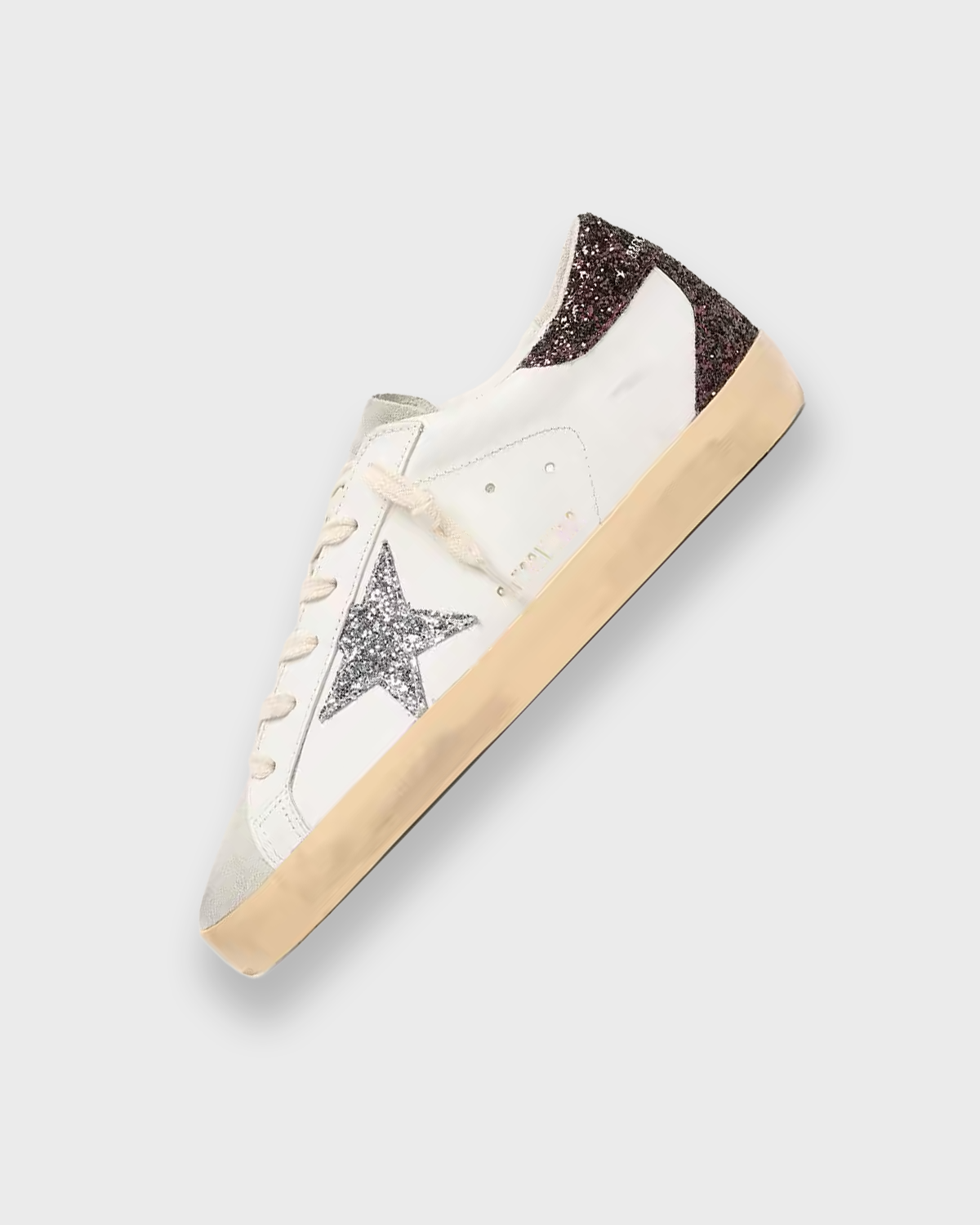 Sableau Glitter Star Sneakers in Silver — white leather, plum glitter heel tab, silver glitter star