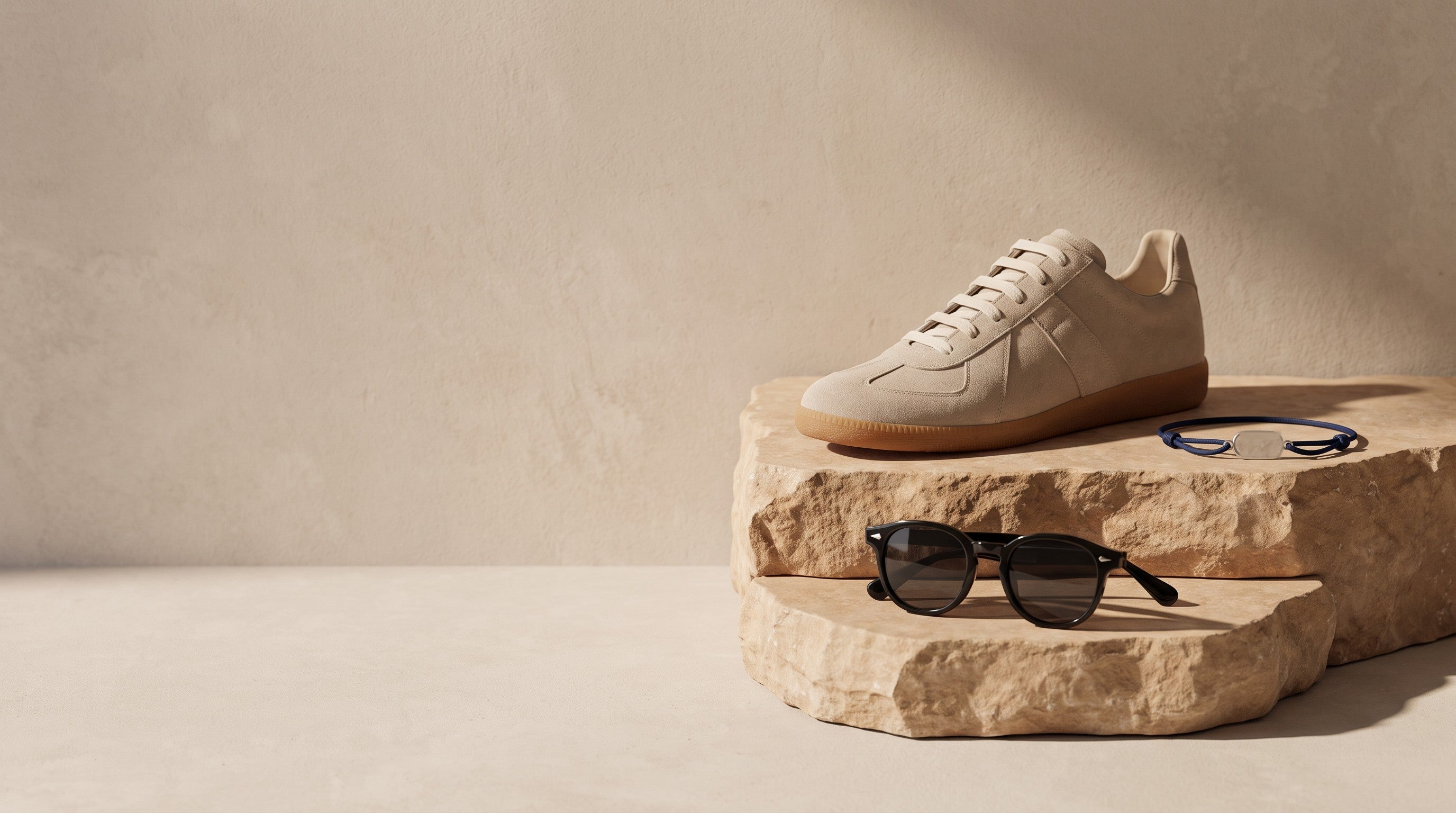 Sableau Heritage Court Sneakers in Sand Suede on a sandstone ledge