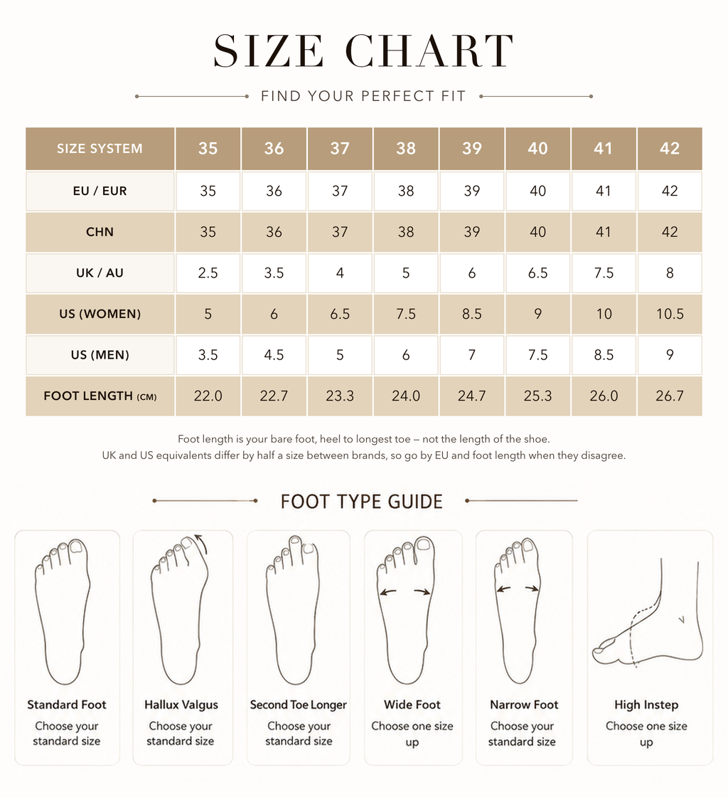 Size chart EU 35 to 42 with foot length in centimetres and foot type guide