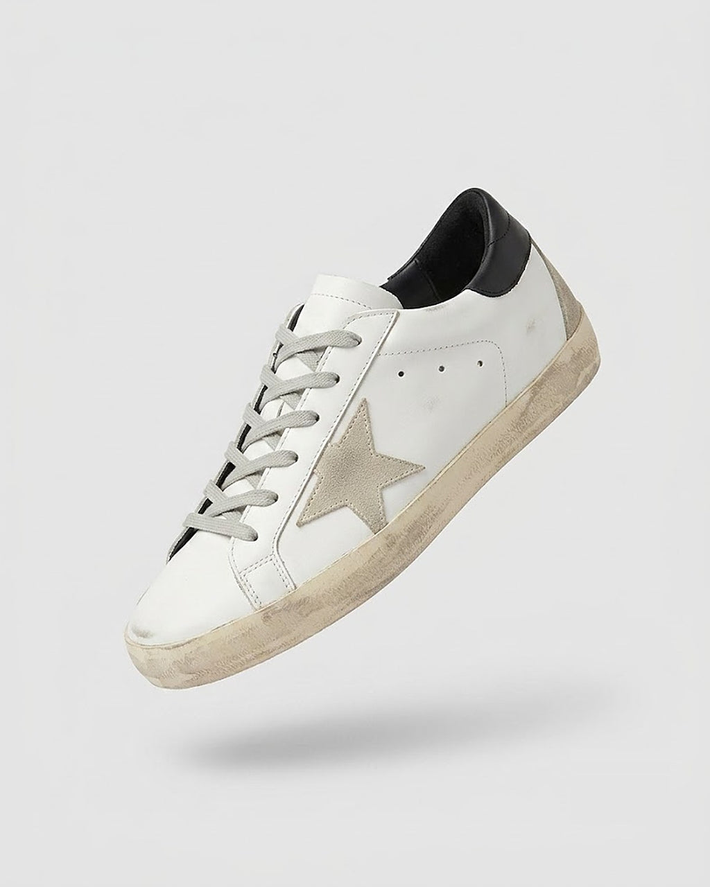 Sableau Star Sneakers in Black — white leather, black heel tab, beige suede star
