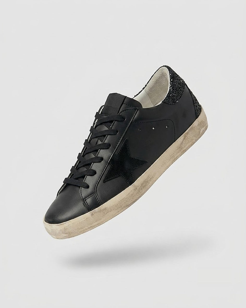 Sableau Star Sneakers in Full Black — black leather, black glitter heel tab