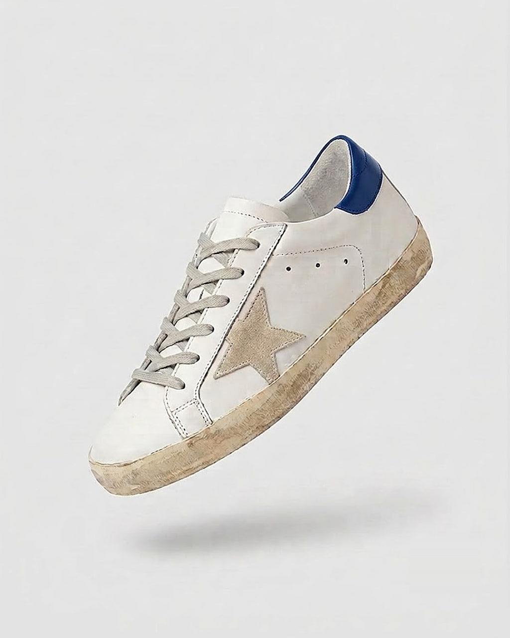 Sableau Star Sneakers in Navy — white leather, deep royal blue heel tab, beige suede star
