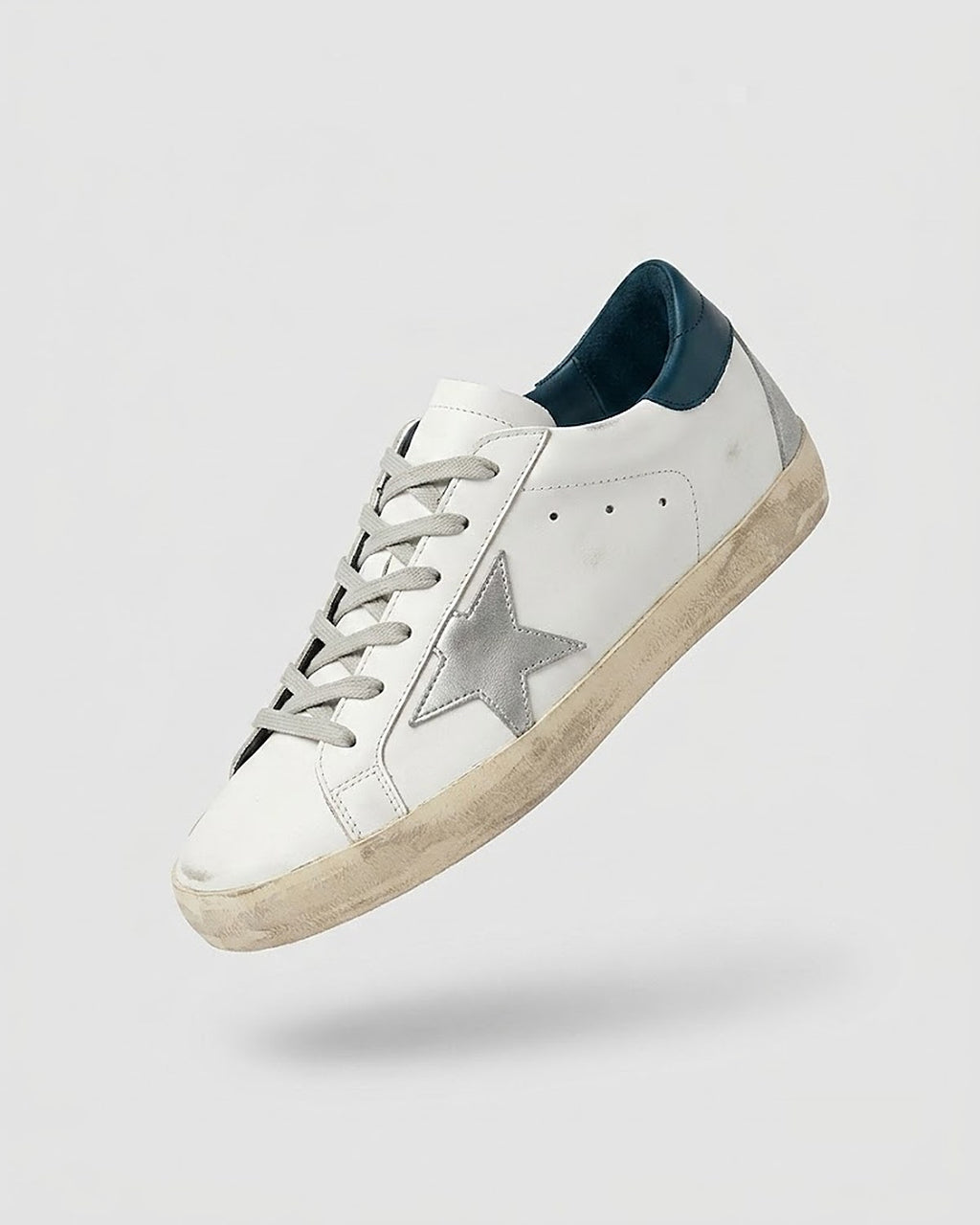 Sableau Star Sneakers in Petrol Blue — white leather, petrol blue heel tab, silver star