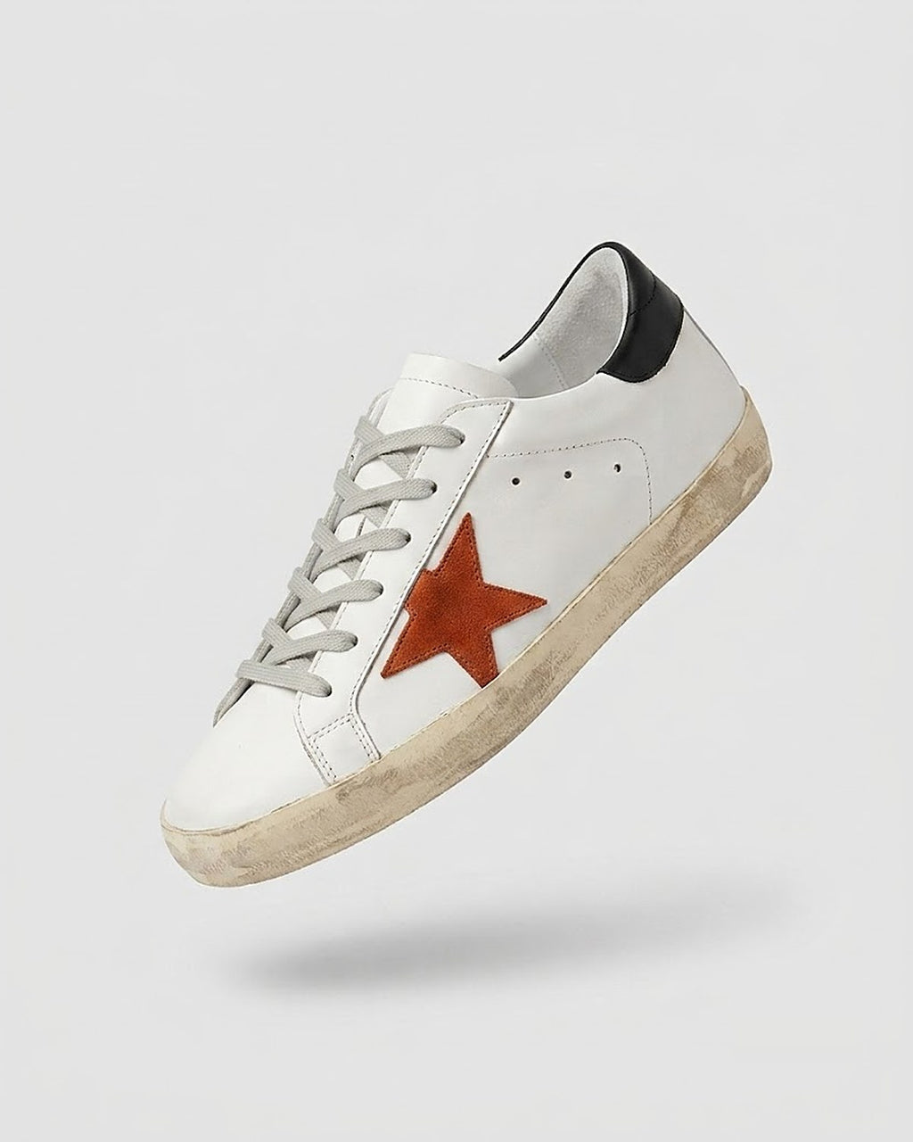 Sableau Star Sneakers in Rust Star — white leather, black heel tab, rust orange suede star